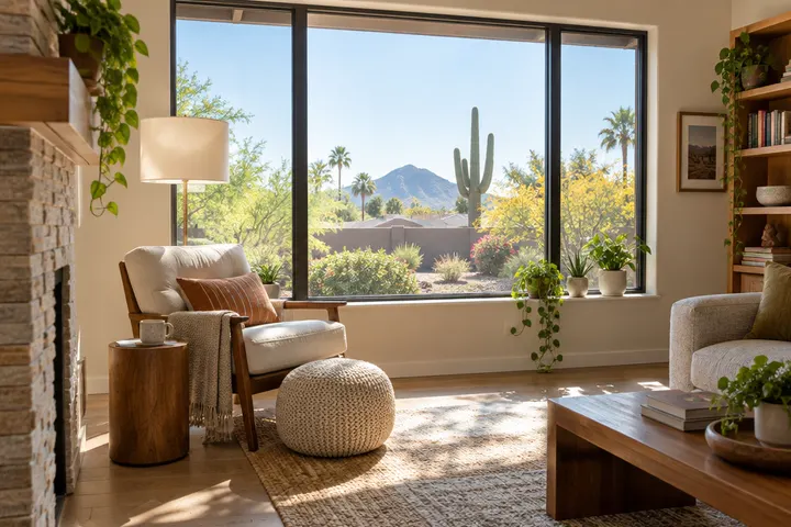 Comfortable living room with a reading chair beside a large new window, filtered sunlight, no glare, plants on the sill