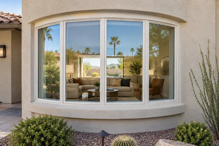 Curved bow window with four panels on the front of a stucco home