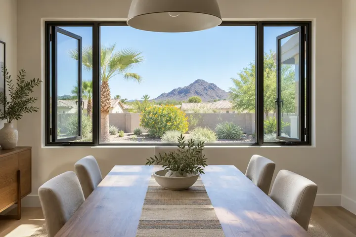 Picture window with operable casement windows on each side in a dining room