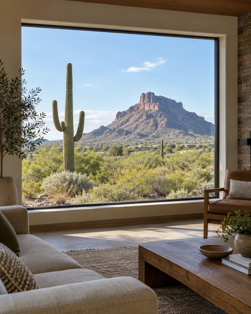 Large fixed picture window framing a desert landscape with saguaro and a butte, viewed from inside