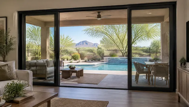 Wide new dark-framed sliding glass patio door opening from a Tempe family room to a shaded backyard patio with a pool and palo verde trees beyond
