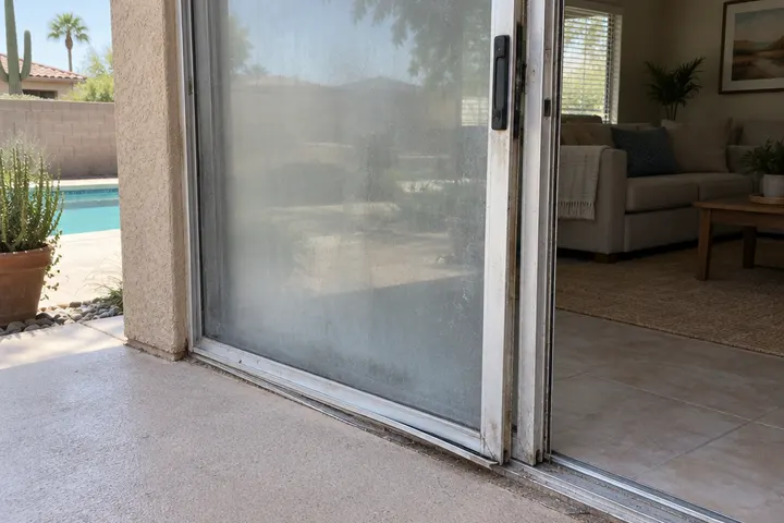 Old worn aluminum sliding patio door with a hazy foggy glass panel and a bent track