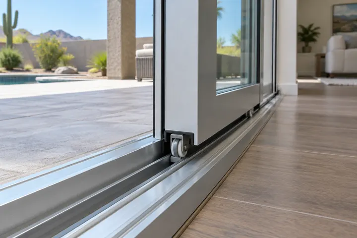 Clean aluminum sill track and rollers of a new sliding patio door, close detail