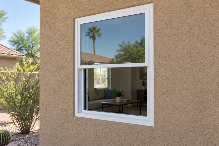 New single-hung vinyl window on a tan stucco wall with a bottom sash slightly raised