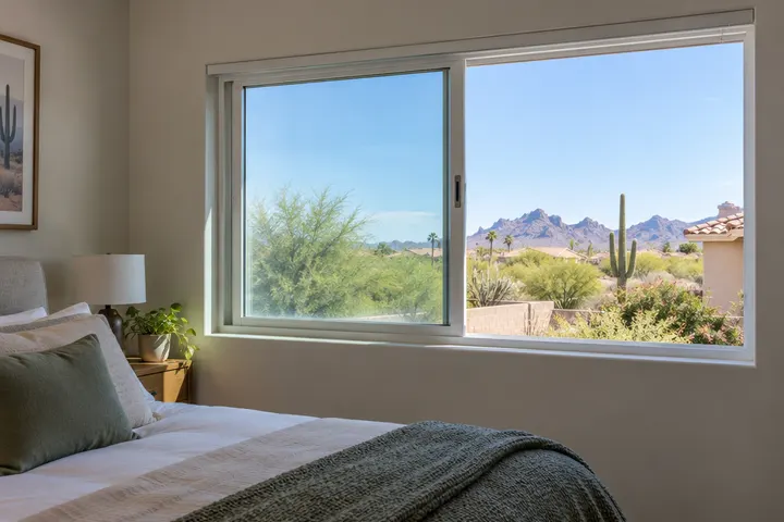 New horizontal sliding vinyl window in a bedroom, half open, desert view outside
