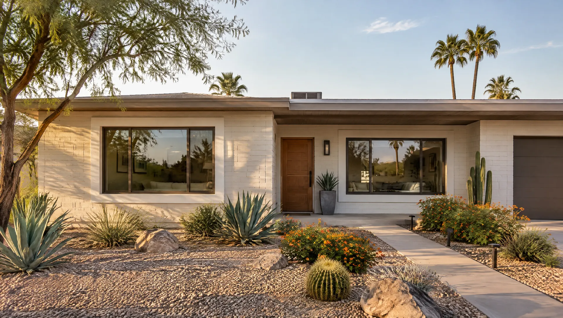 Front elevation of a mid-century Tempe block home with freshly installed bronze-framed replacement windows, crisp new stucco returns around the openings, desert landscaping and late-afternoon sun