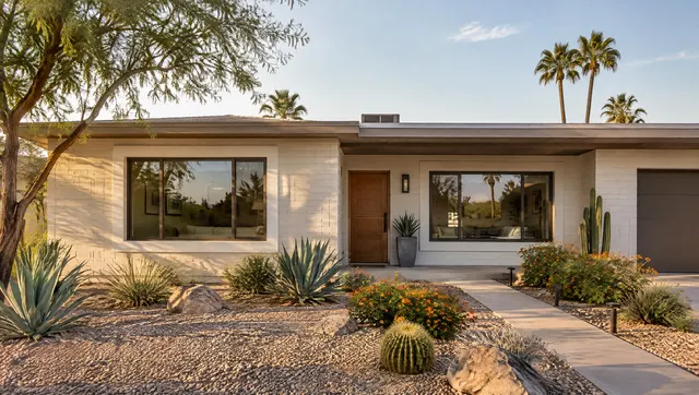 Front elevation of a mid-century Tempe block home with freshly installed bronze-framed replacement windows, crisp new stucco returns around the openings, desert landscaping and late-afternoon sun