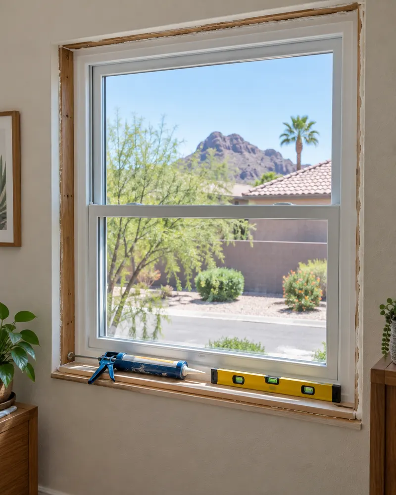 New replacement window sitting in a freshly prepared opening, with a caulk gun and level resting on the sill, interior view