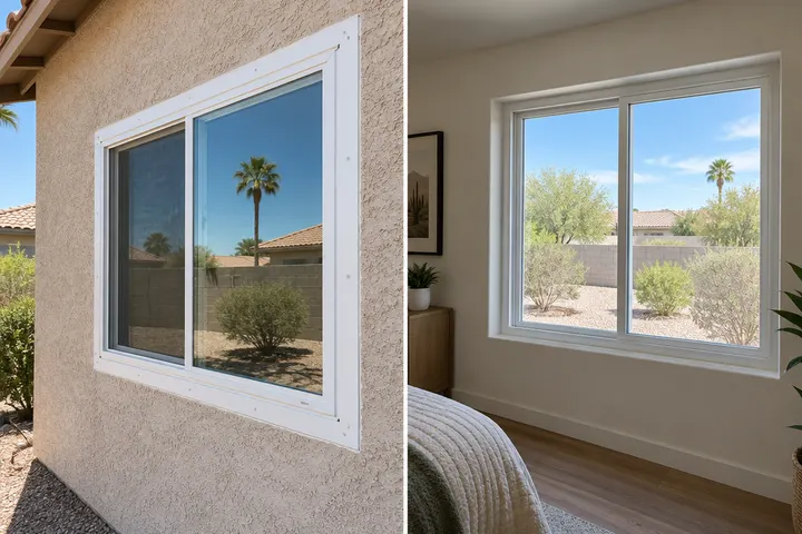 Retrofit replacement window with an exterior flange set over the existing frame on a stucco wall, new sealant around the edge